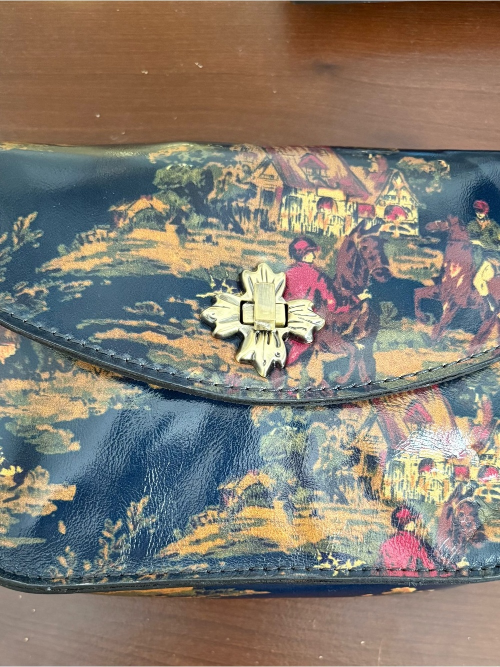 Patricia Nash Navy Scenic Print Crossbody with Gold-Tone Floral Clasp